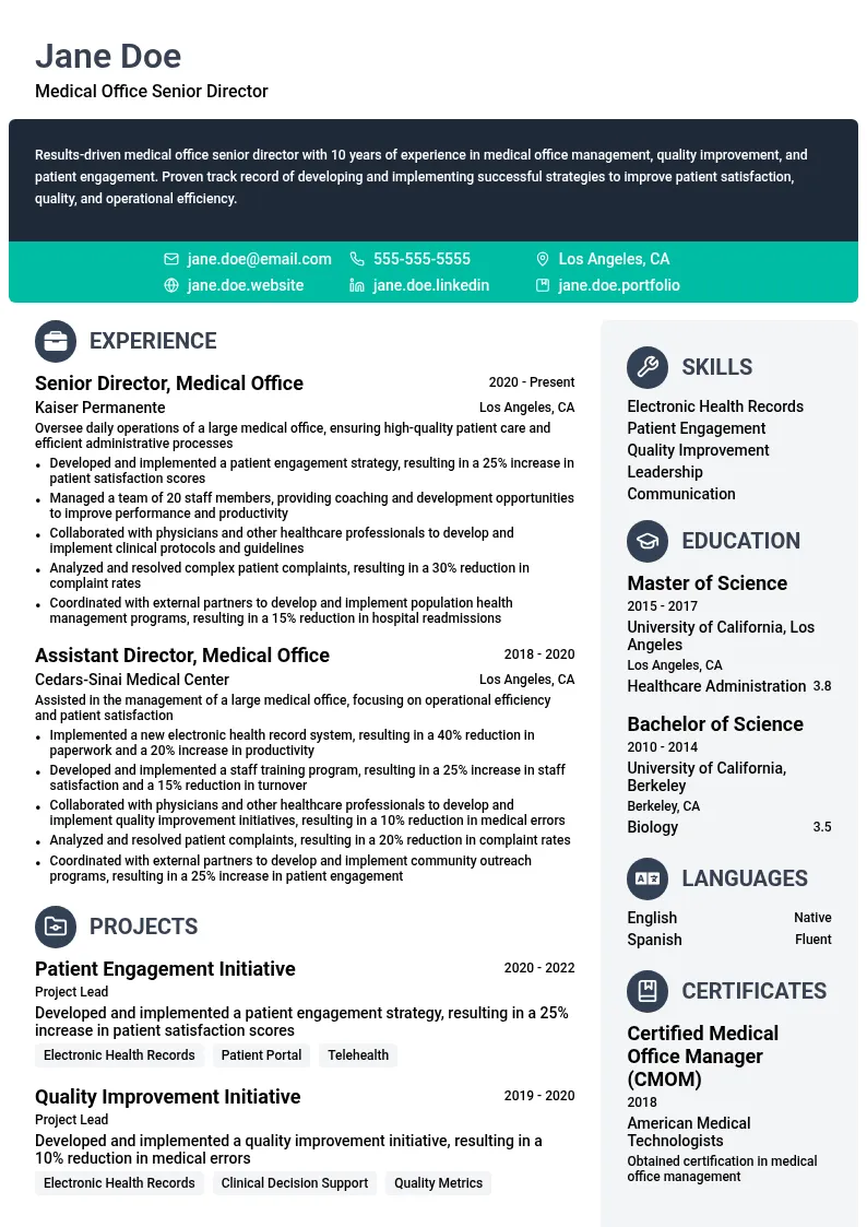 MEDICAL OFFICE SENIOR DIRECTOR resume example