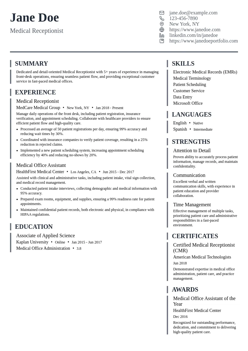Medical Receptionist resume example