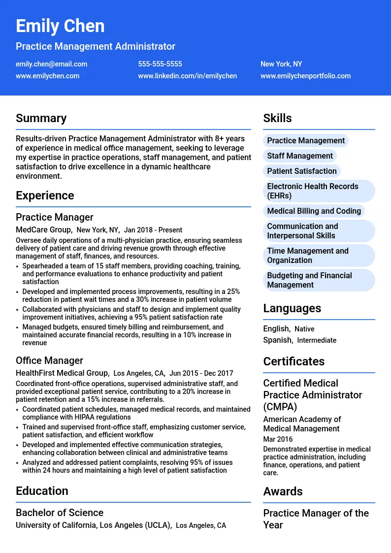 Practice Management Administrator resume example