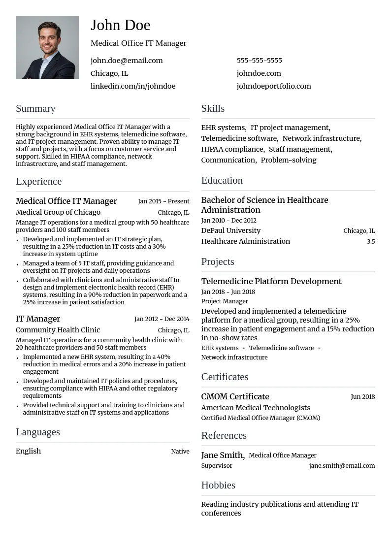 Medical Office IT Manager resume example