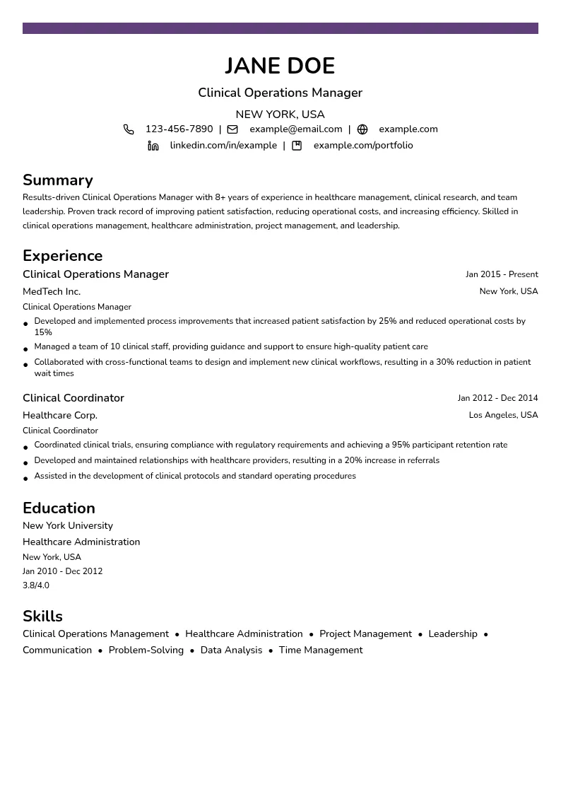 Clinical Operations Manager resume example