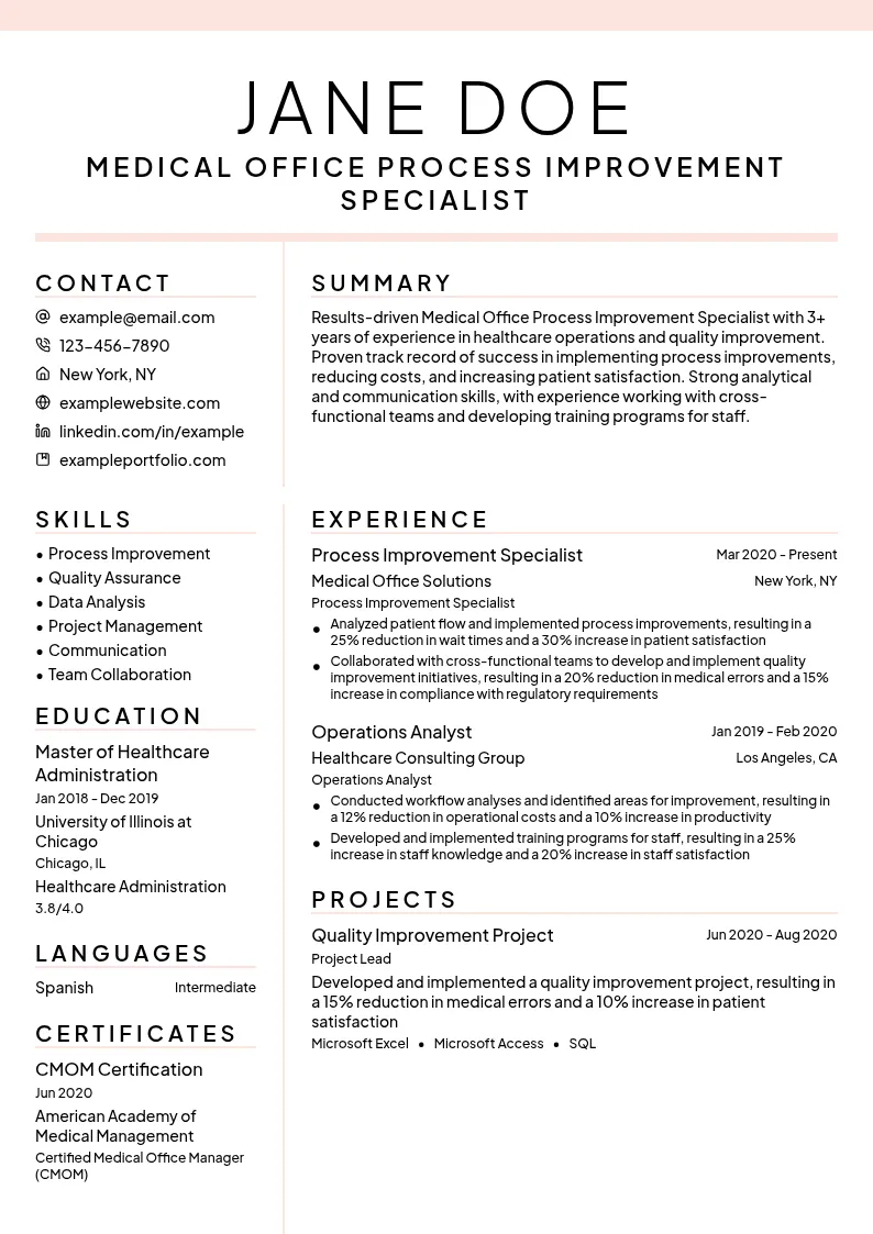 Medical Office Process Improvement Specialist resume example
