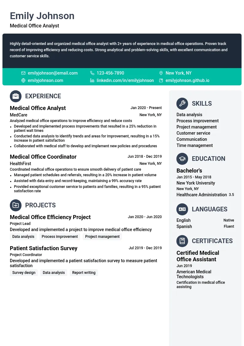 Medical Office Analyst resume example