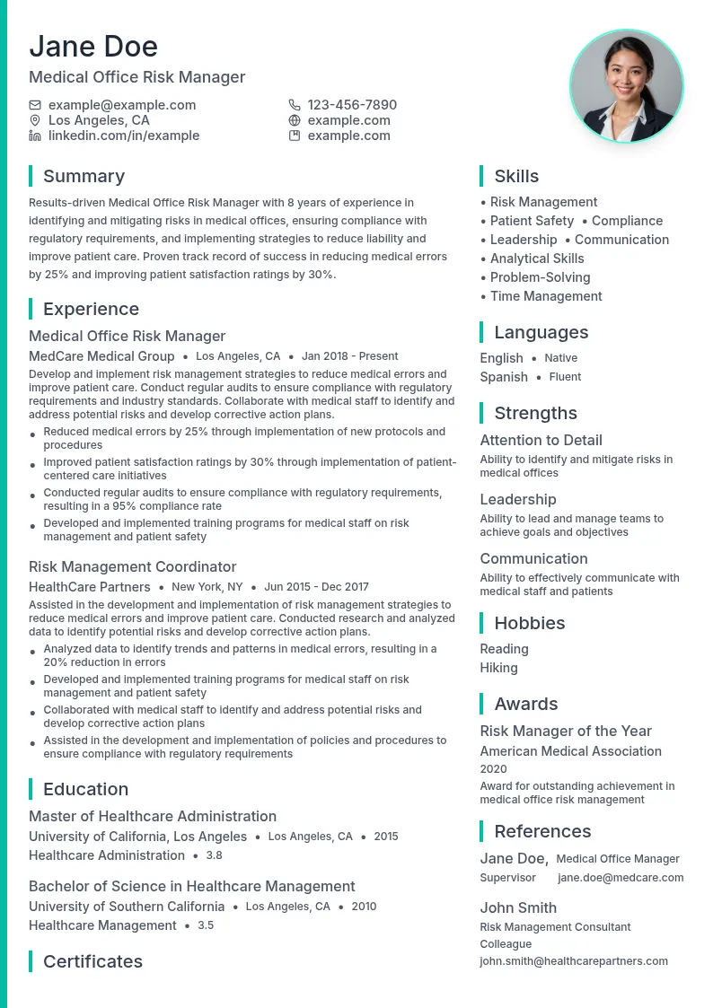 Medical Office Risk Manager resume example