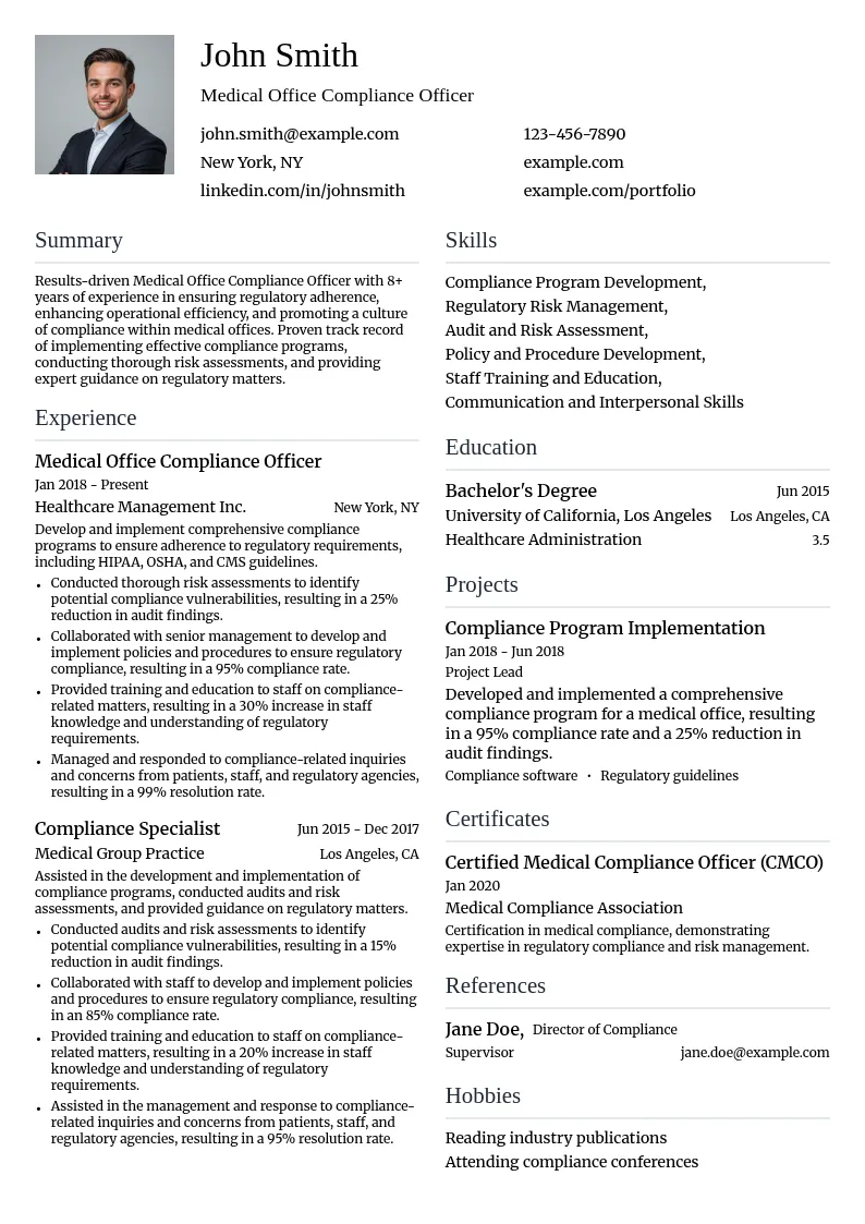 Medical Office Compliance Officer resume example