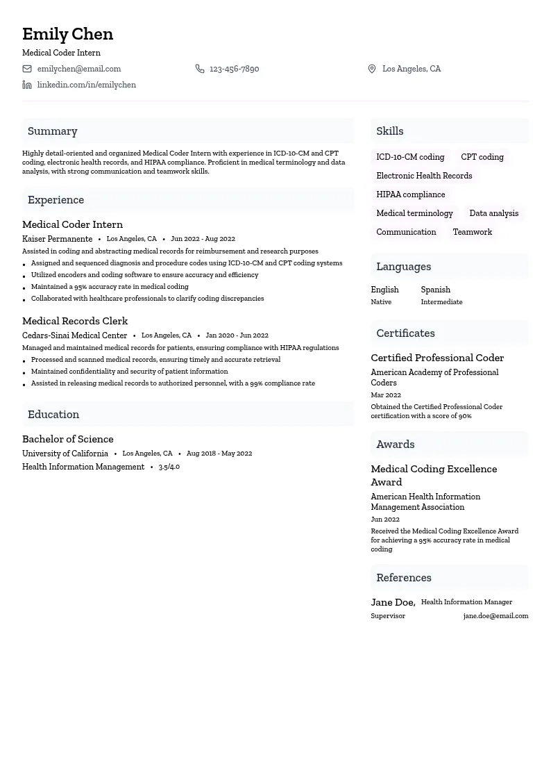 Medical Coder Intern resume example