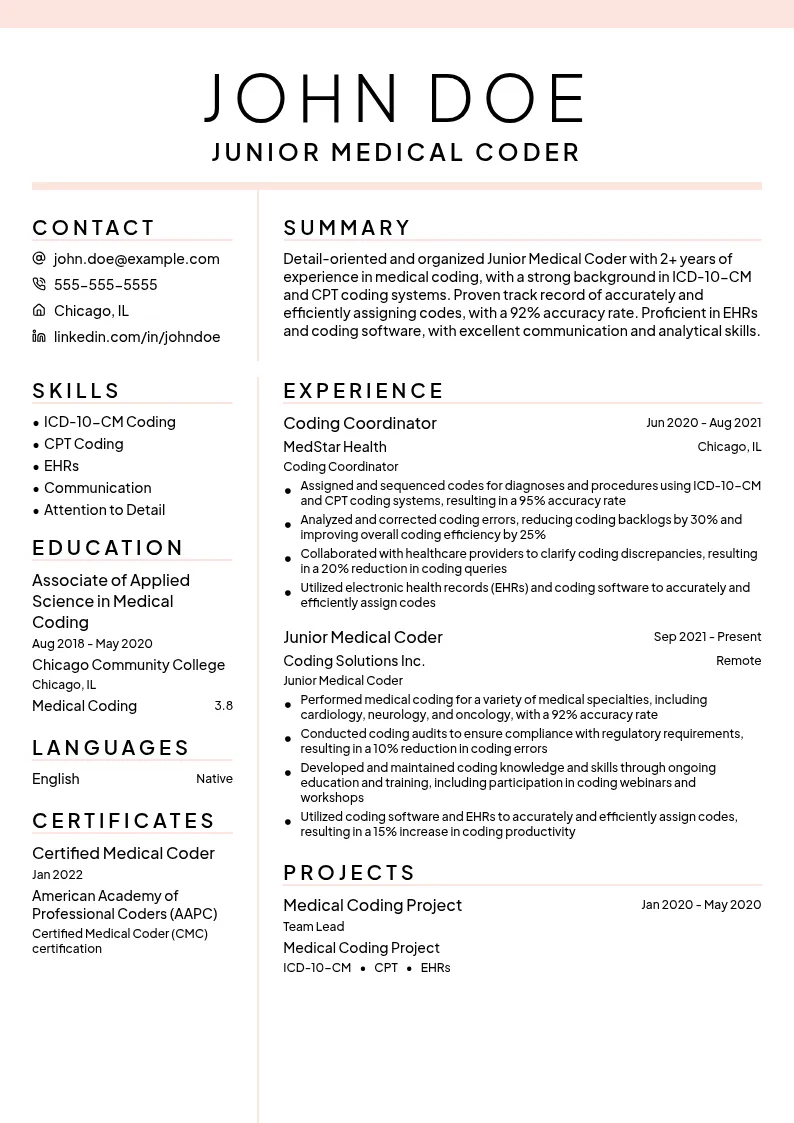 Junior Medical Coder resume example