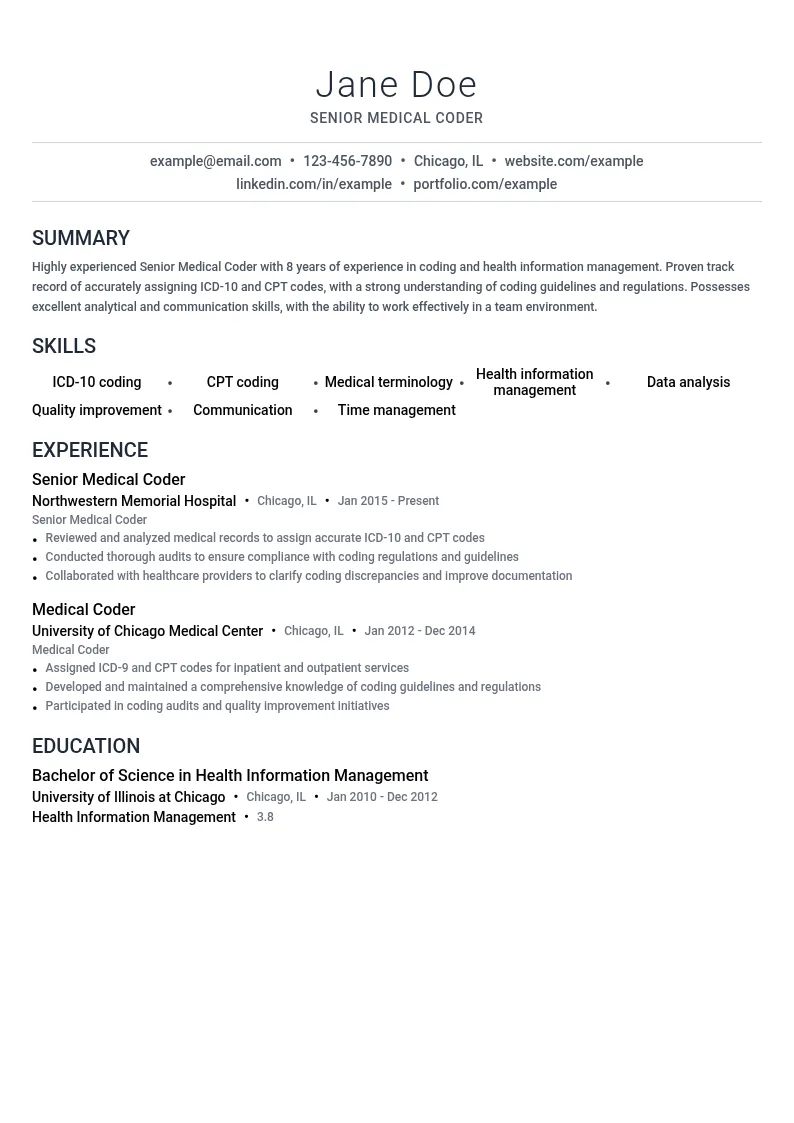Senior Medical Coder resume example