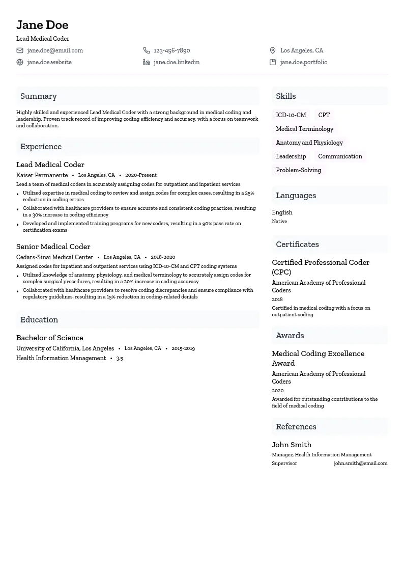 Lead Medical Coder resume example