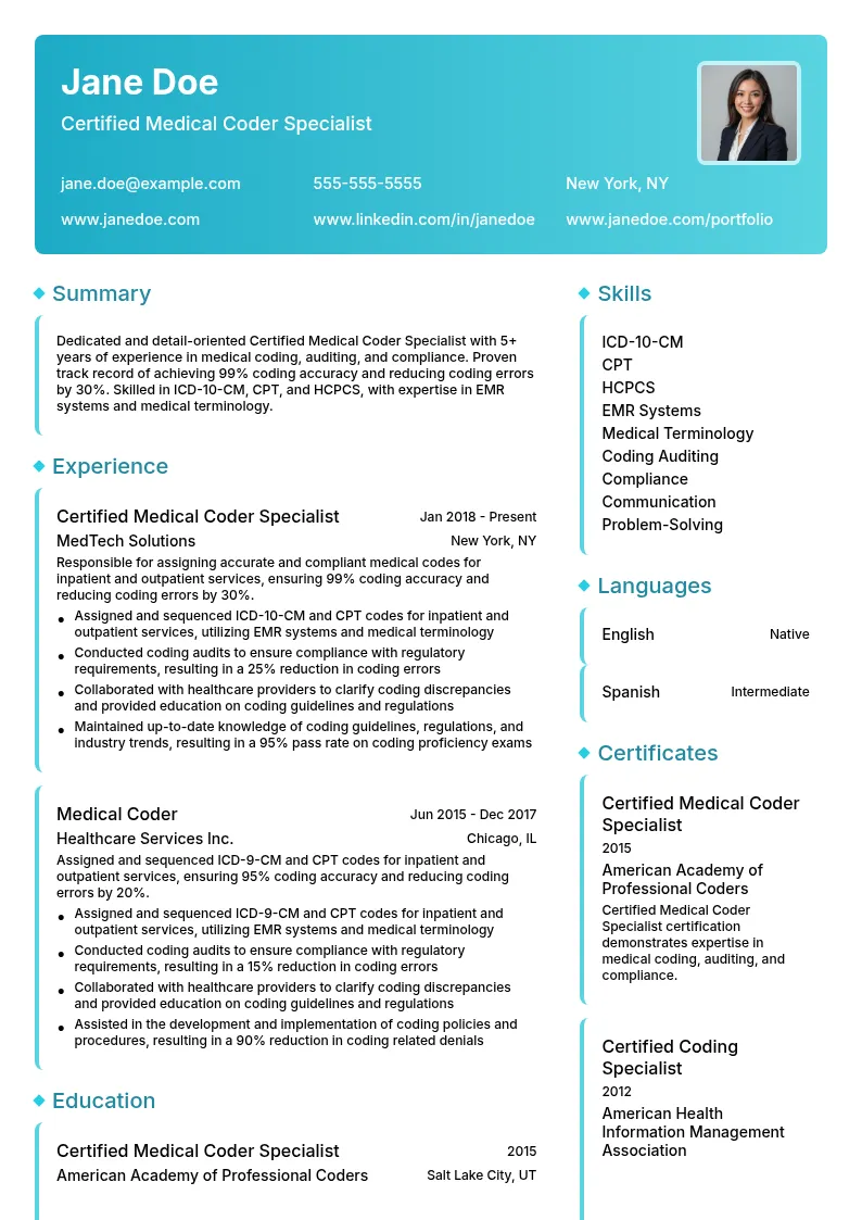 Certified Medical Coder Specialist resume example