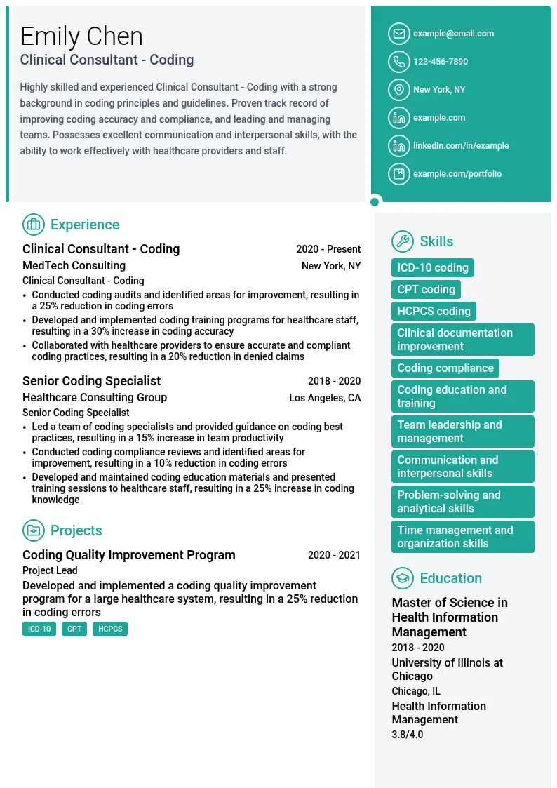 Clinical Consultant - Coding resume example