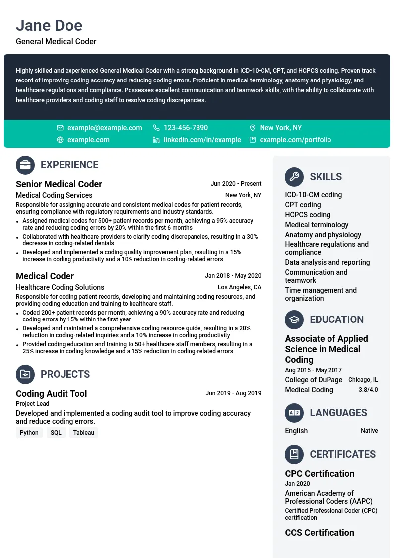 General Medical Coding resume example
