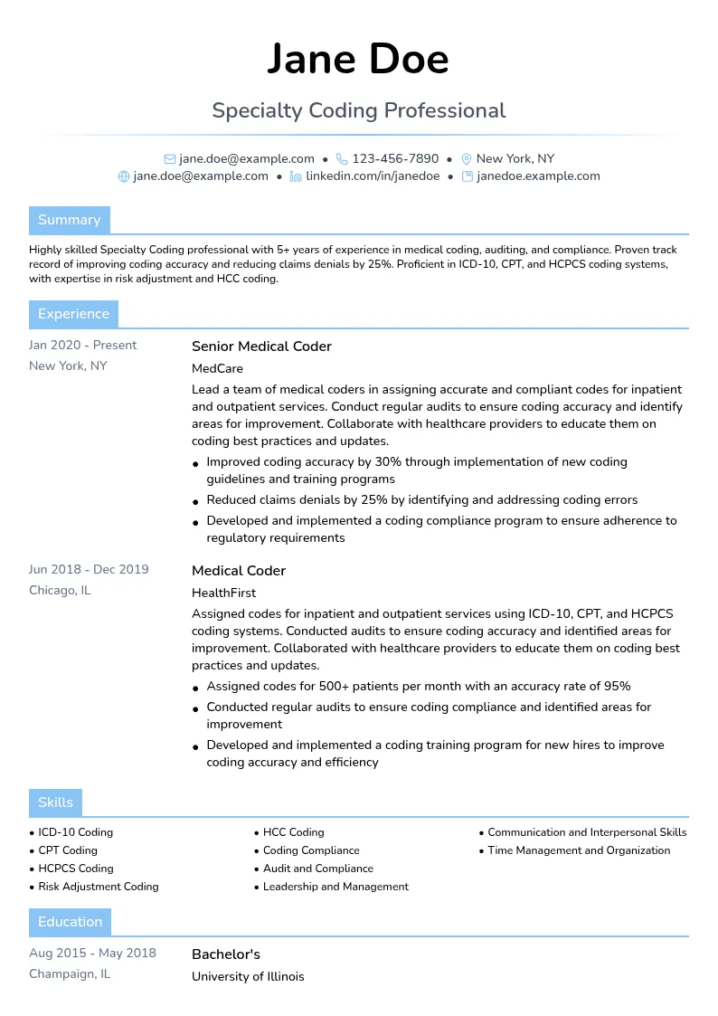 Specialty Coding resume example