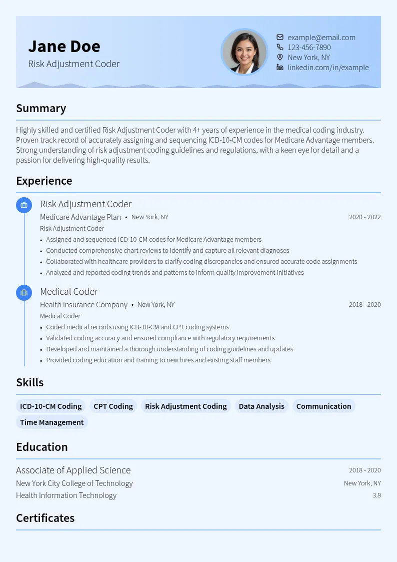Risk Adjustment Coding resume example