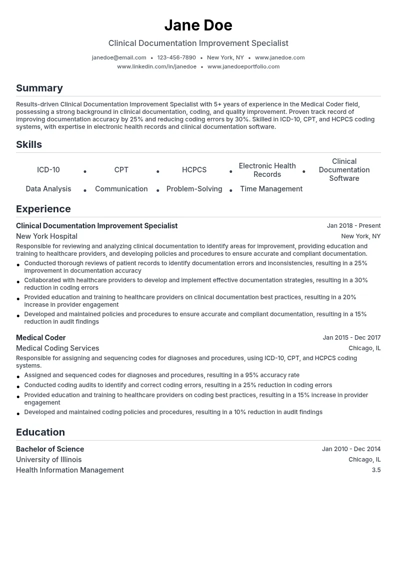Clinical Documentation Improvement Specialist resume example