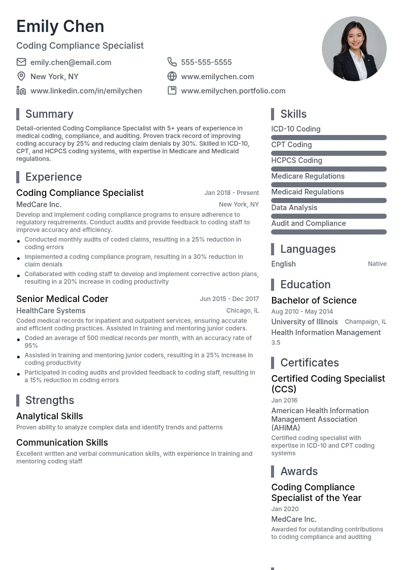 Coding Compliance Specialist resume example