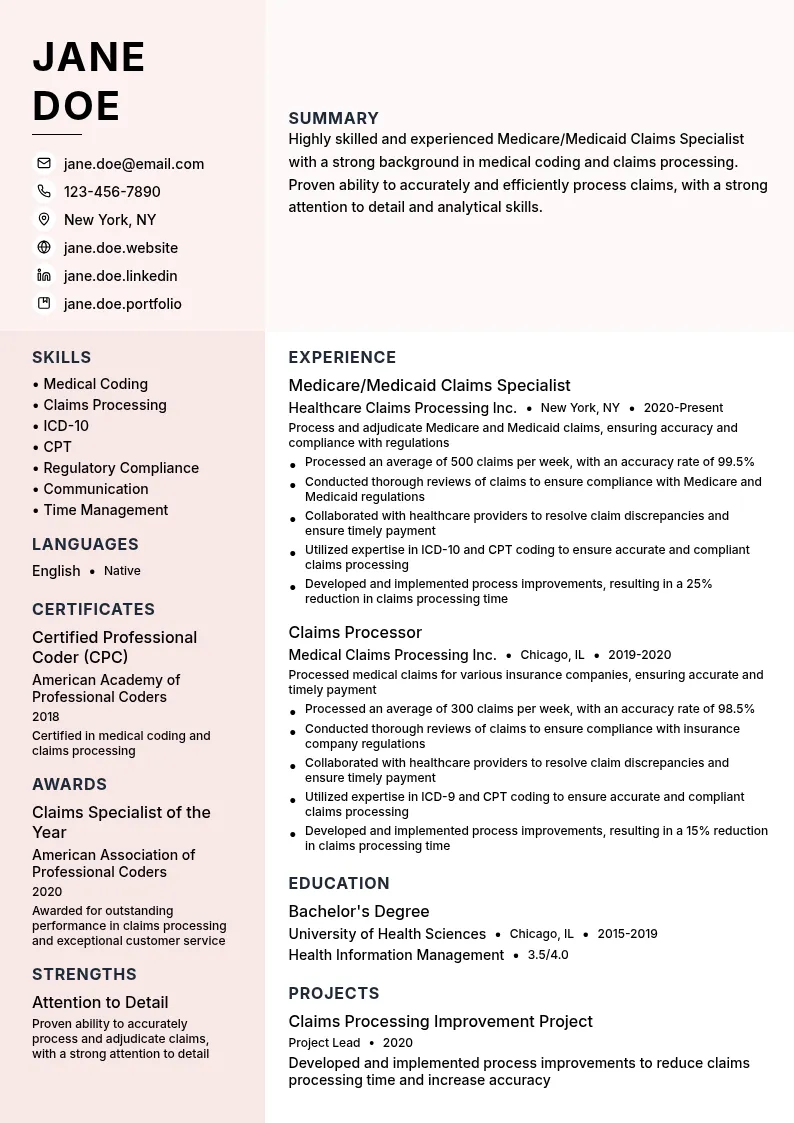 Medicare/Medicaid Claims Specialist resume example
