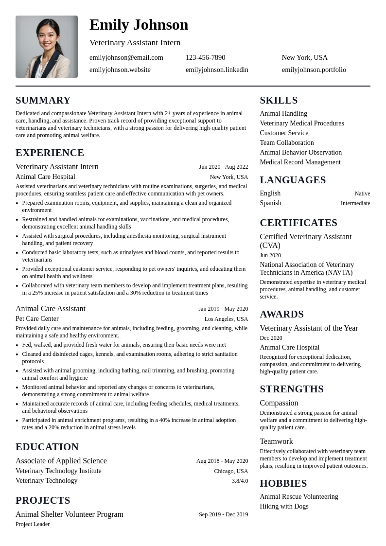 Veterinary Assistant Intern resume example