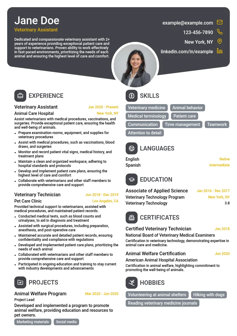 Veterinary Assistant resume example