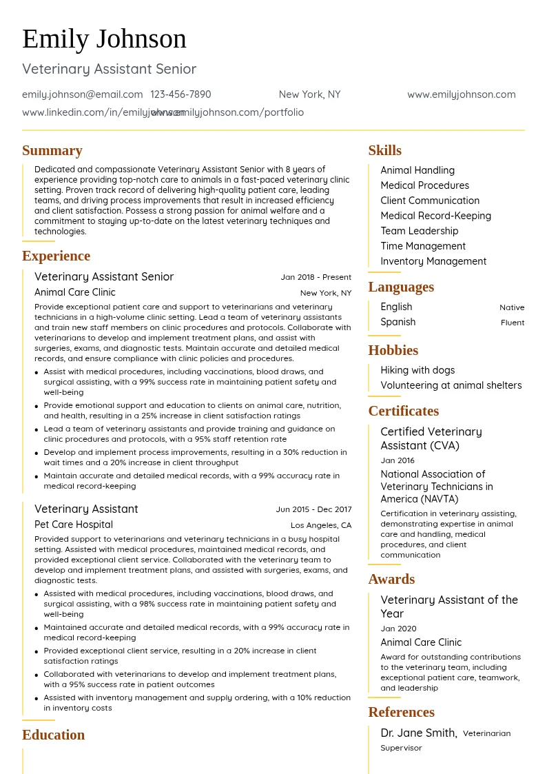 Veterinary Assistant Senior resume example