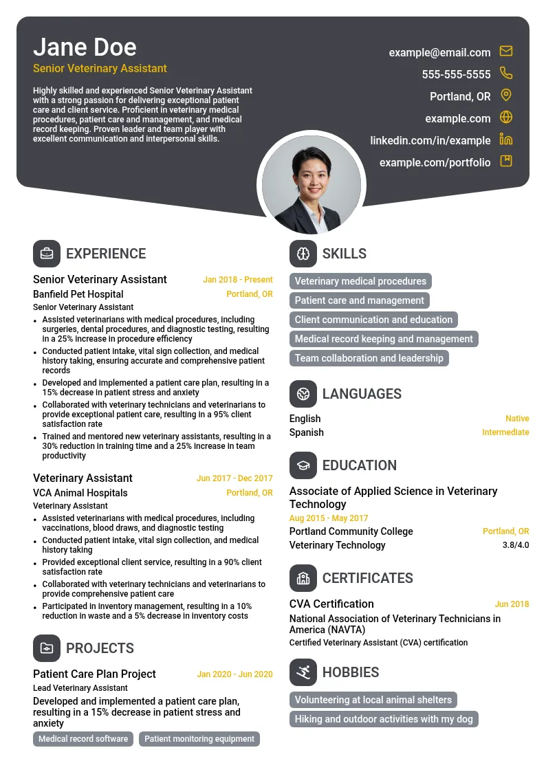 Senior Veterinary Assistant resume example