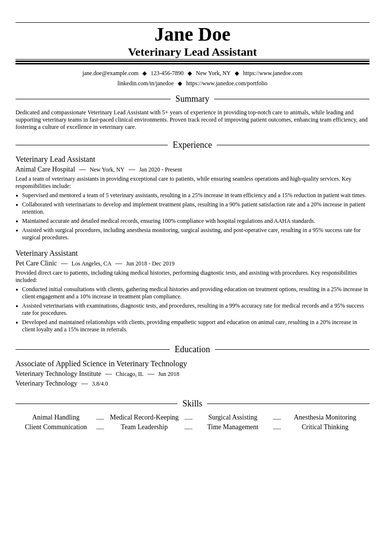 Veterinary Lead Assistant resume example