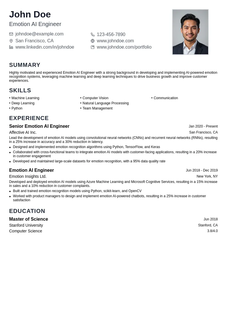 Emotion AI Engineer resume example