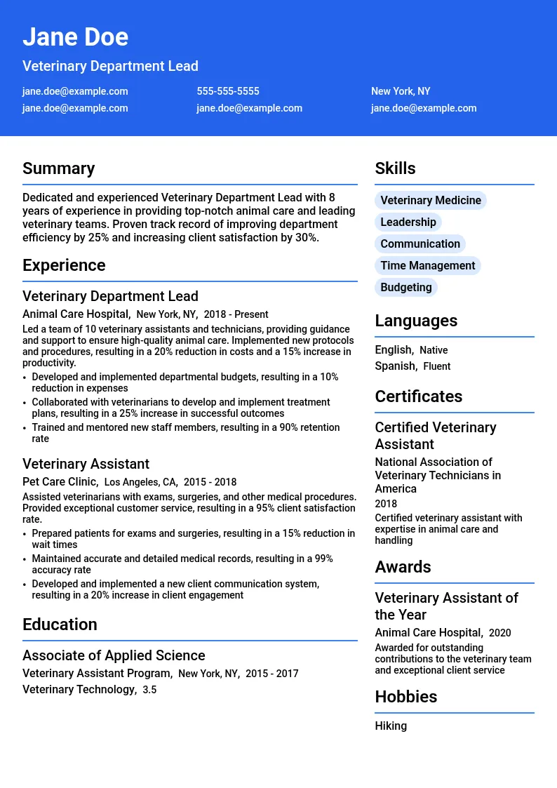 Veterinary Department Lead resume example