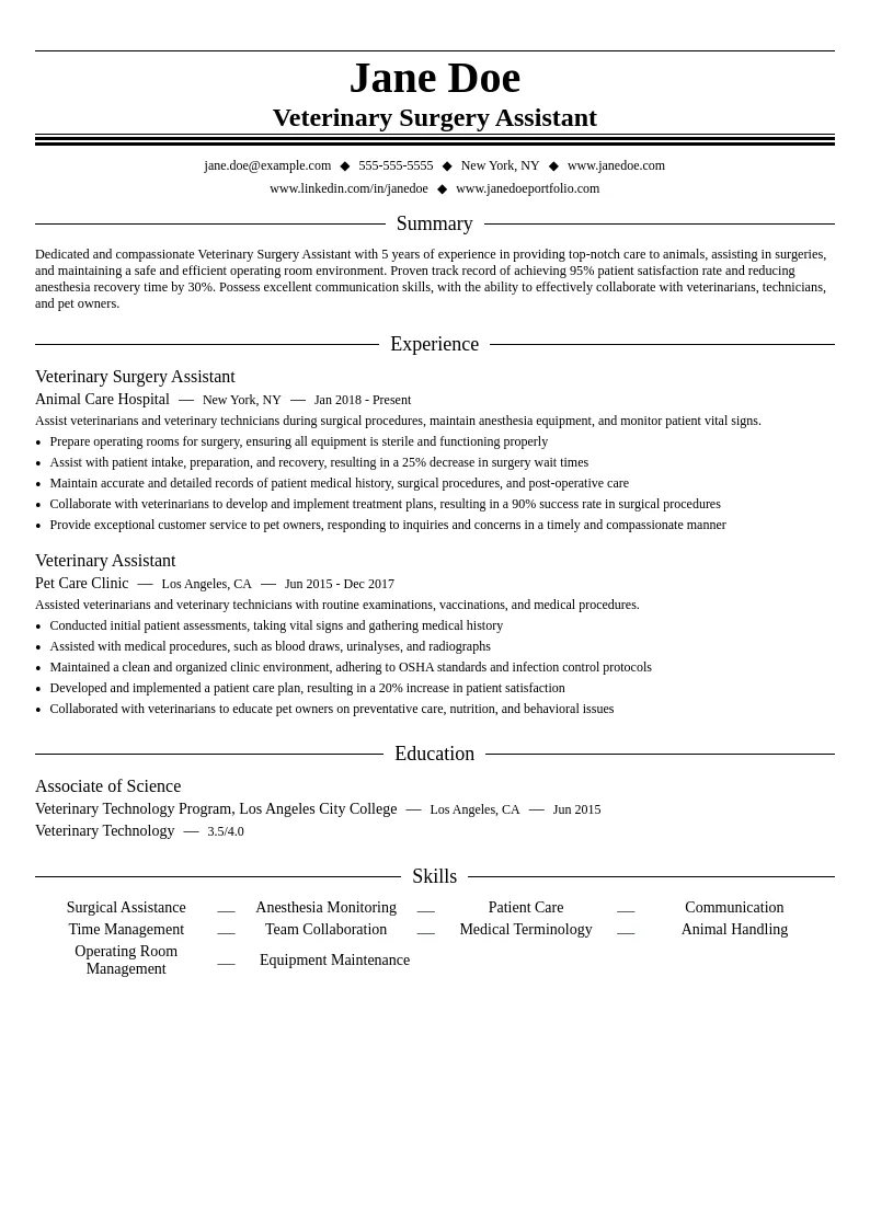 Veterinary Surgery Assistant resume example
