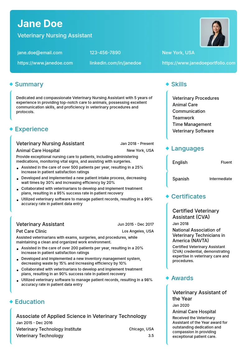 Veterinary Nursing Assistant resume example