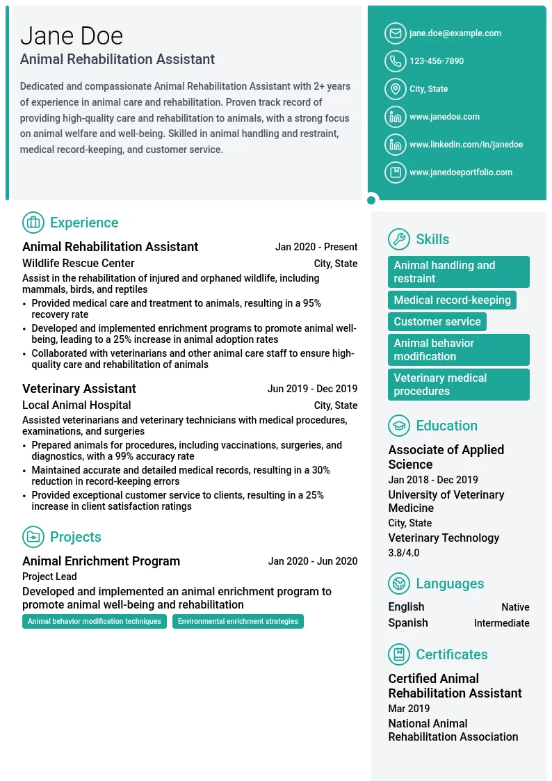 Animal Rehabilitation Assistant resume example