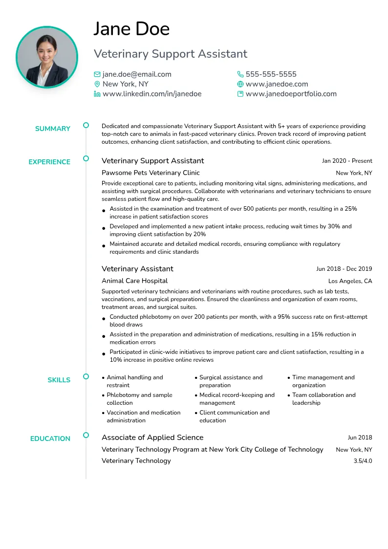 Veterinary Support Assistant resume example