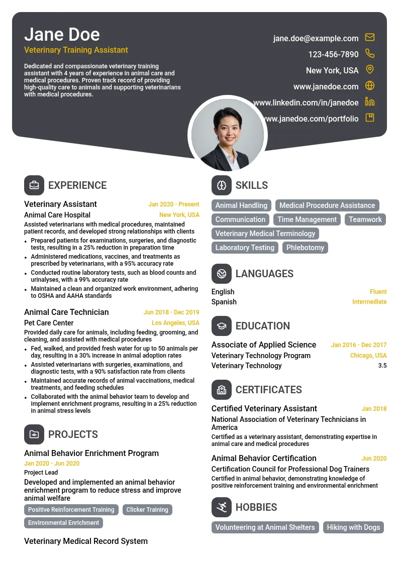Veterinary Training Assistant resume example