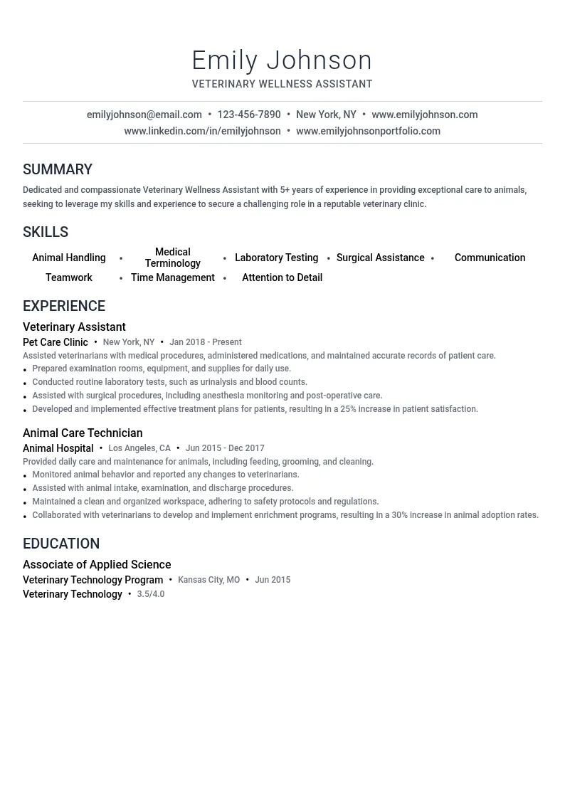 Veterinary Wellness Assistant resume example