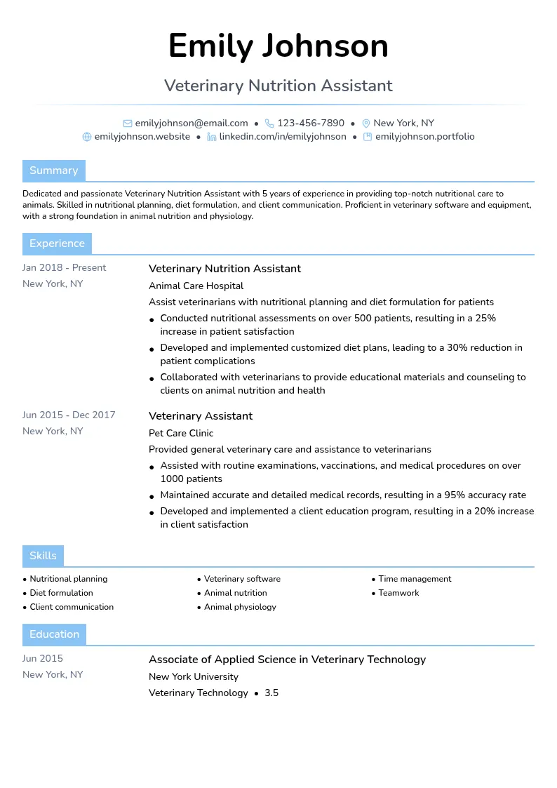 Veterinary Nutrition Assistant resume example
