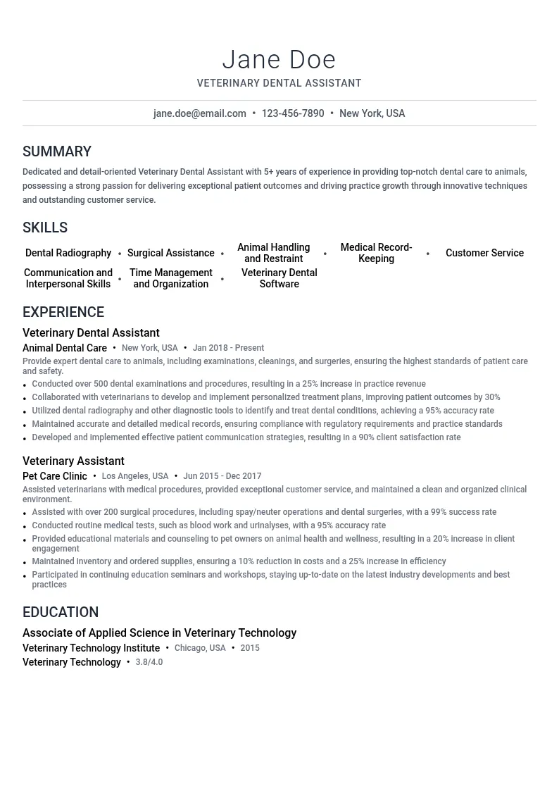 Veterinary Dental Assistant resume example