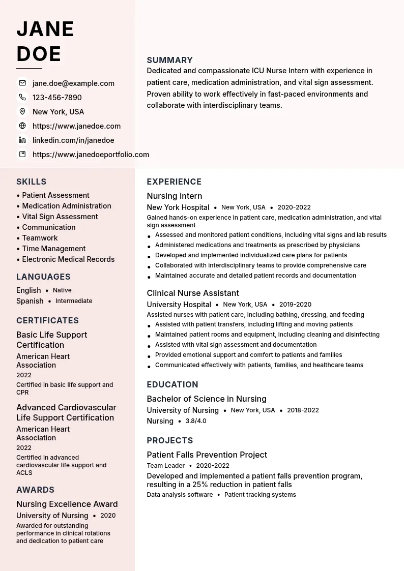 ICU Nurse Intern resume example