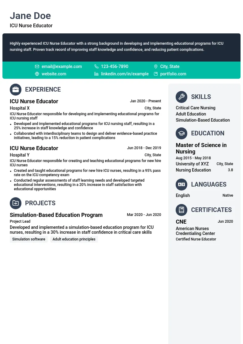 ICU Nurse Educator resume example