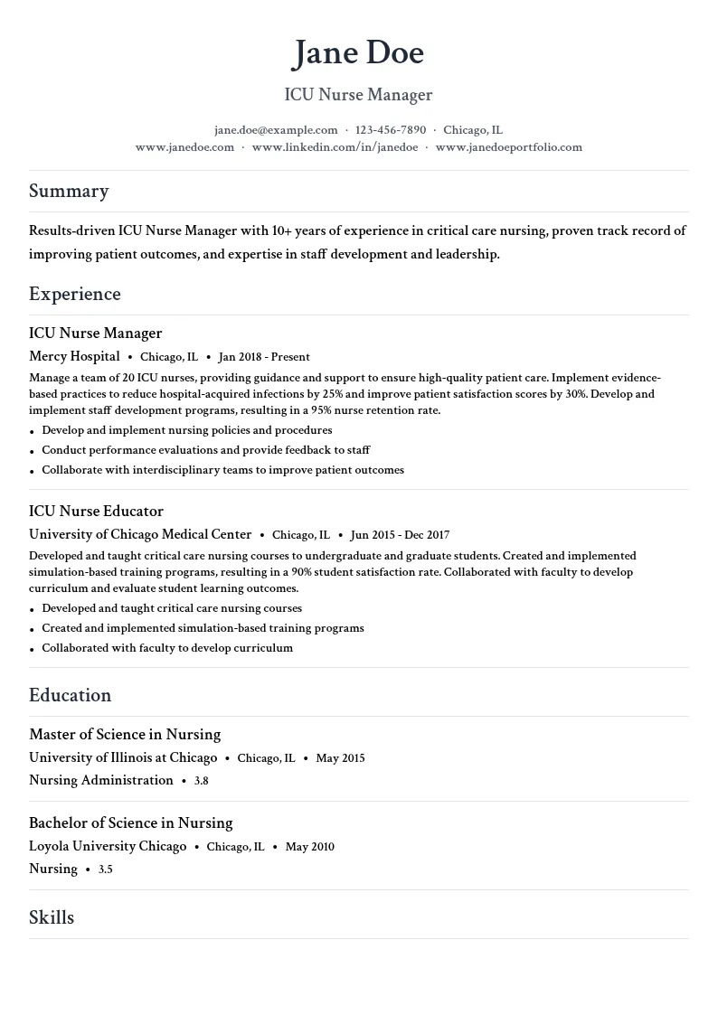 ICU Nurse Manager resume example