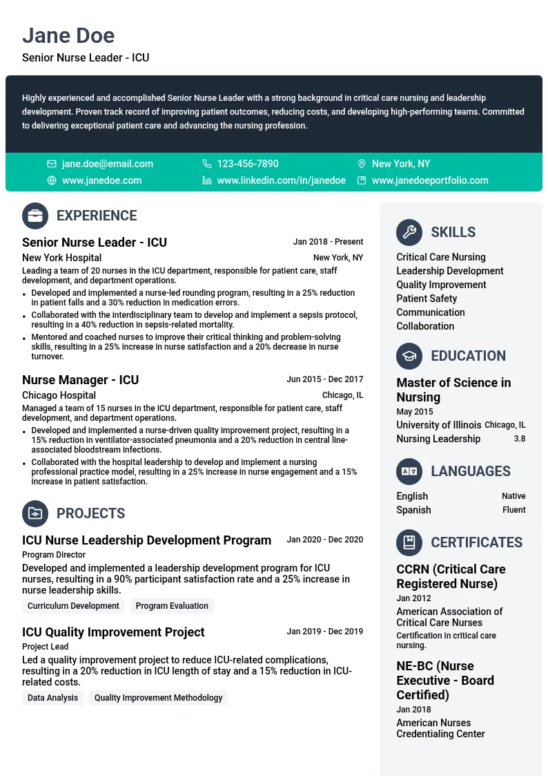 Senior Nurse Leader - ICU resume example