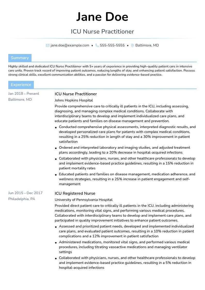 ICU Nurse Practitioner resume example