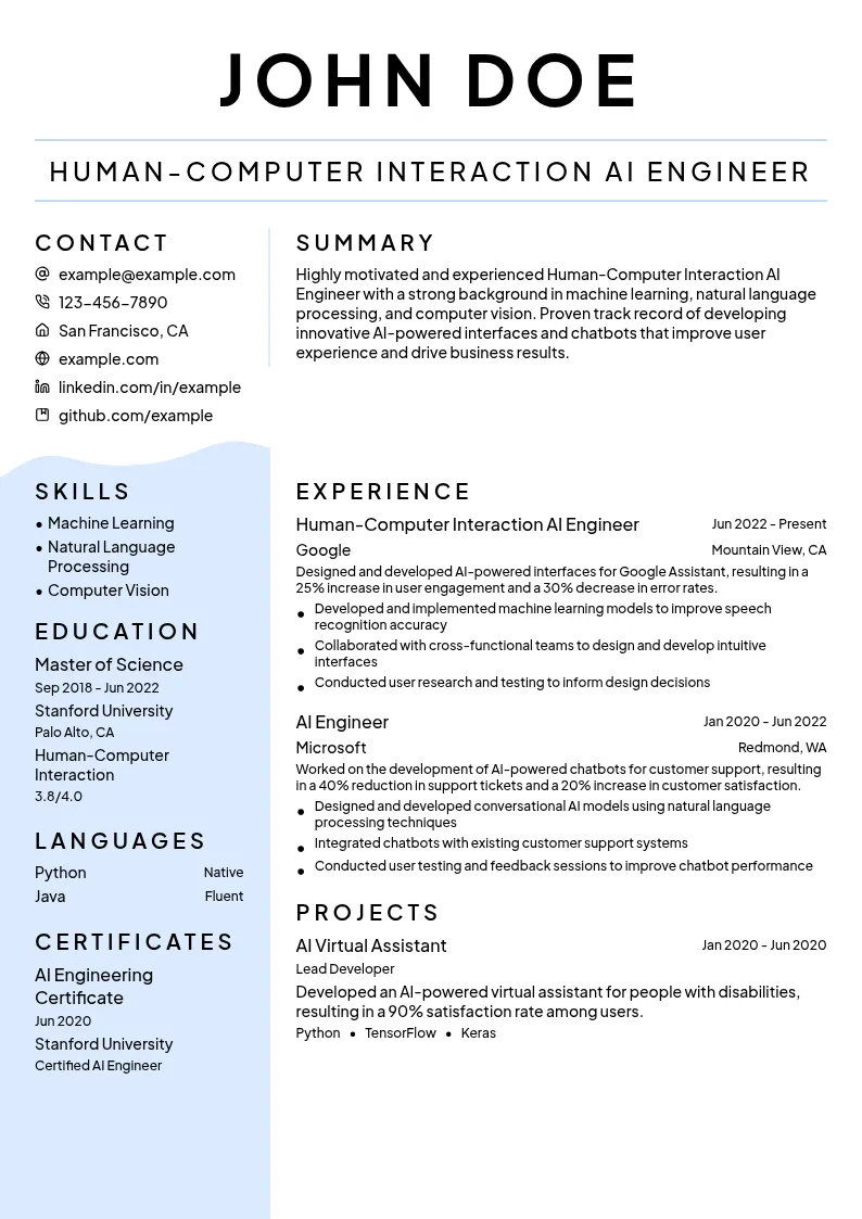 Human-Computer Interaction AI Engineer resume example