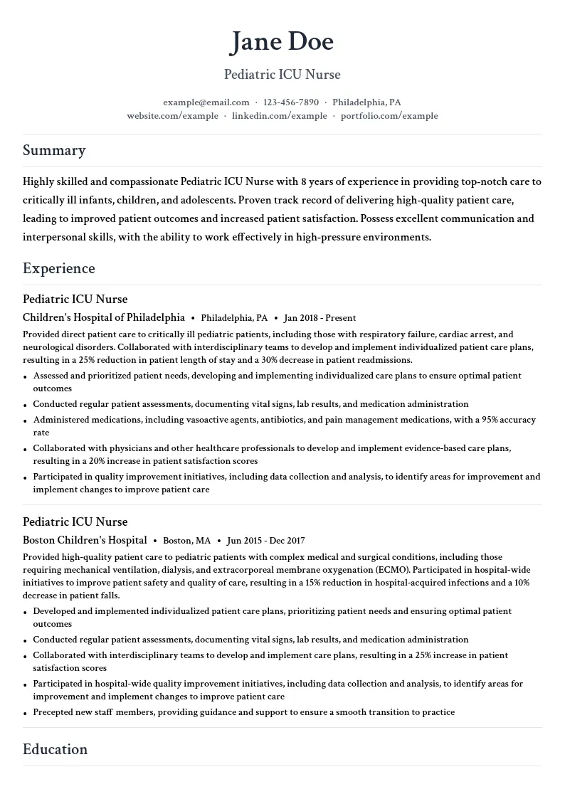 Pediatric ICU Nurse resume example