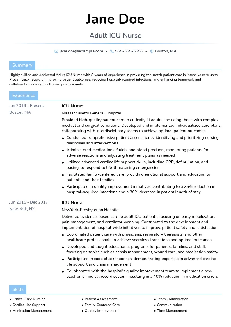 Adult ICU Nurse resume example