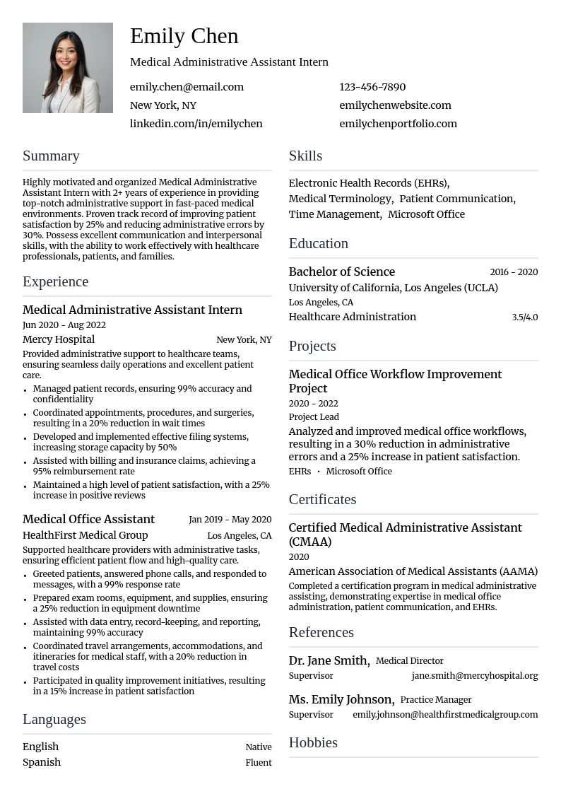 Medical Administrative Assistant Intern resume example