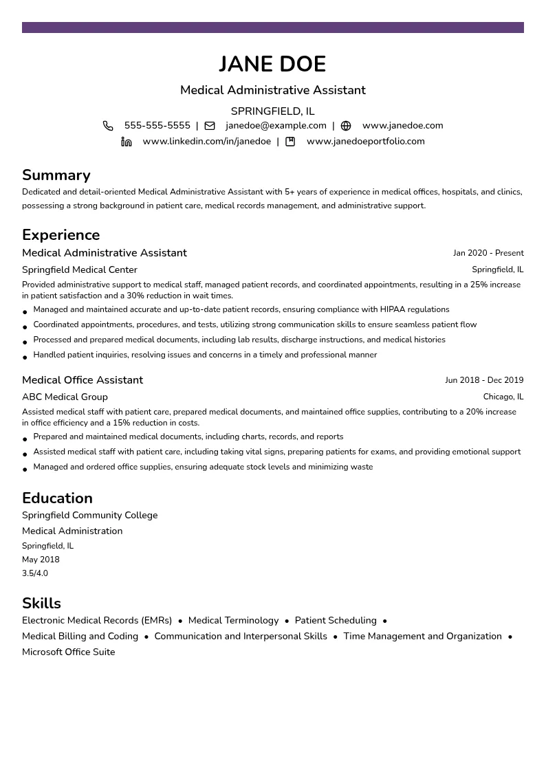 Medical Administrative Assistant resume example