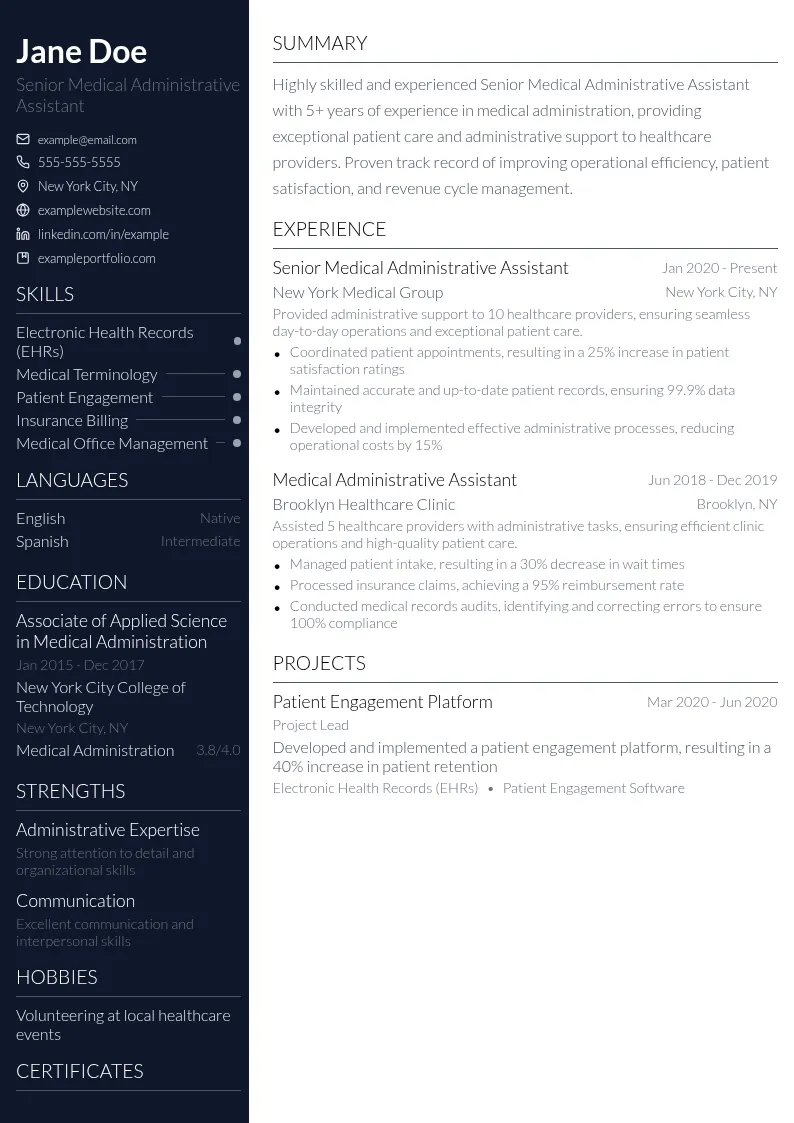 Senior Medical Administrative Assistant resume example