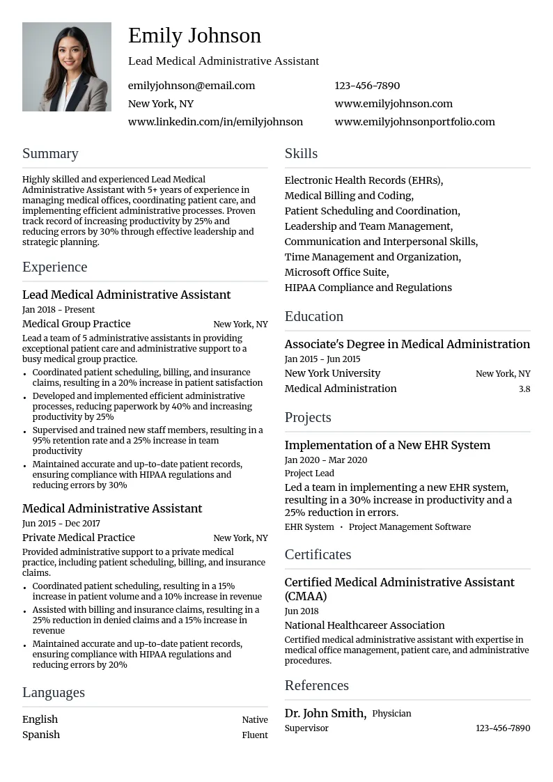 Lead Medical Administrative Assistant resume example