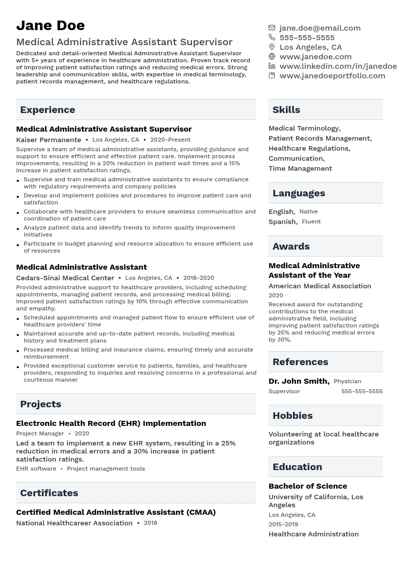 Medical Administrative Assistant Supervisor resume example