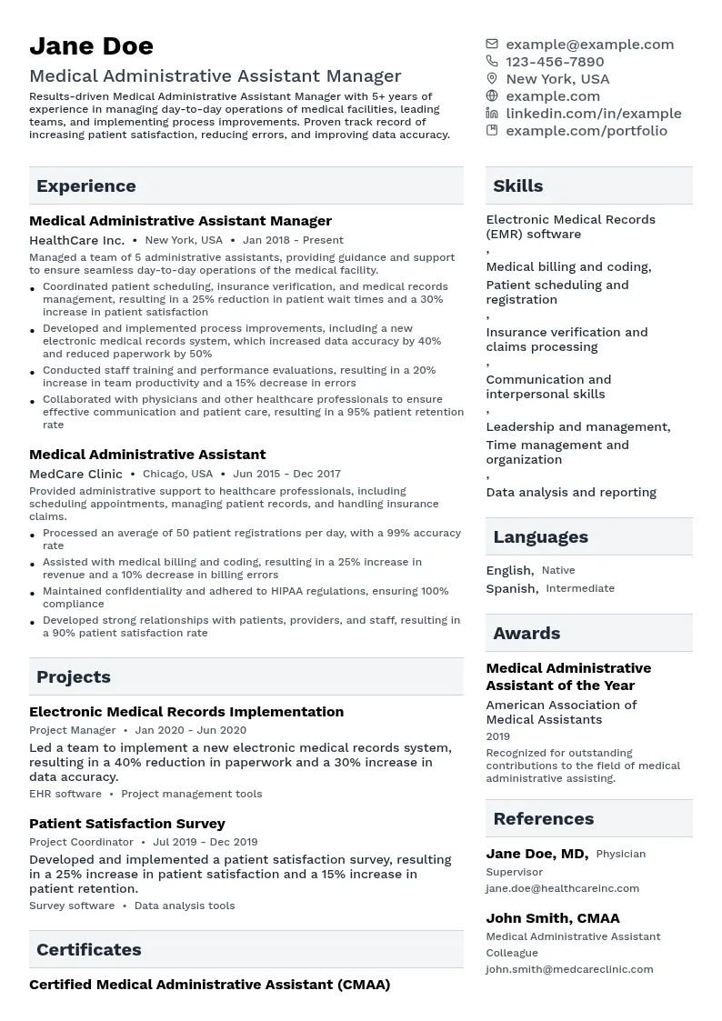 Medical Administrative Assistant Manager resume example